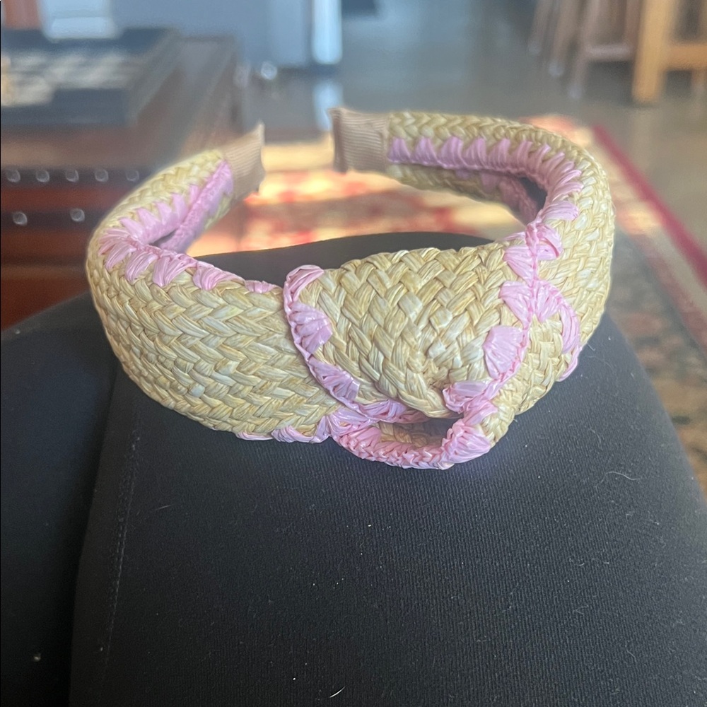 Woven Straw Headband with Pink Accents